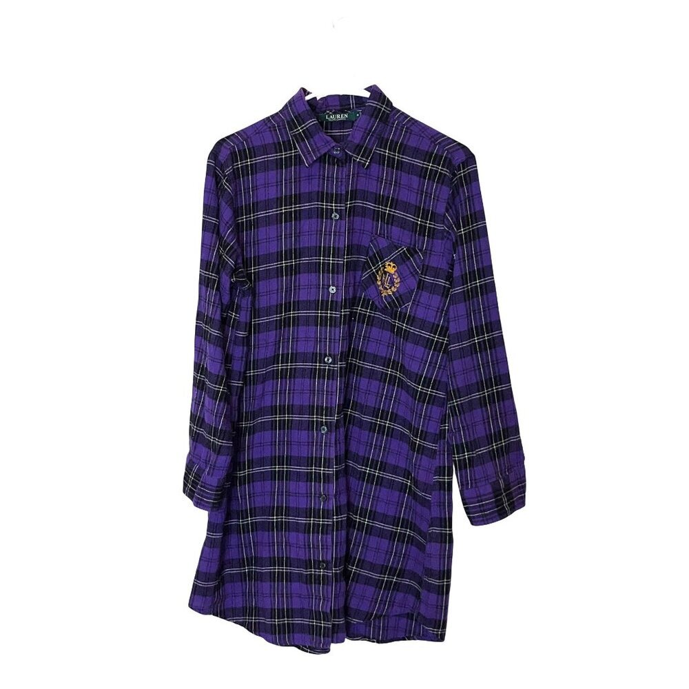 Lauren Ralph Lauren Purple Plaid Tunic Shirt Dress M Button-Up Long Sleeve Cotto